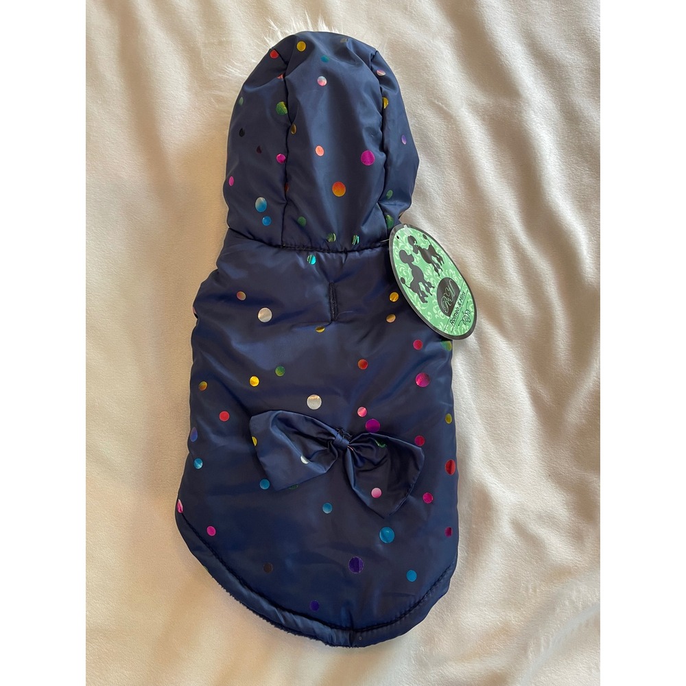 Romeo & Minx Navy Blue Polka Dot Pet Puffer Coat Faux Fur Hood Small NWT